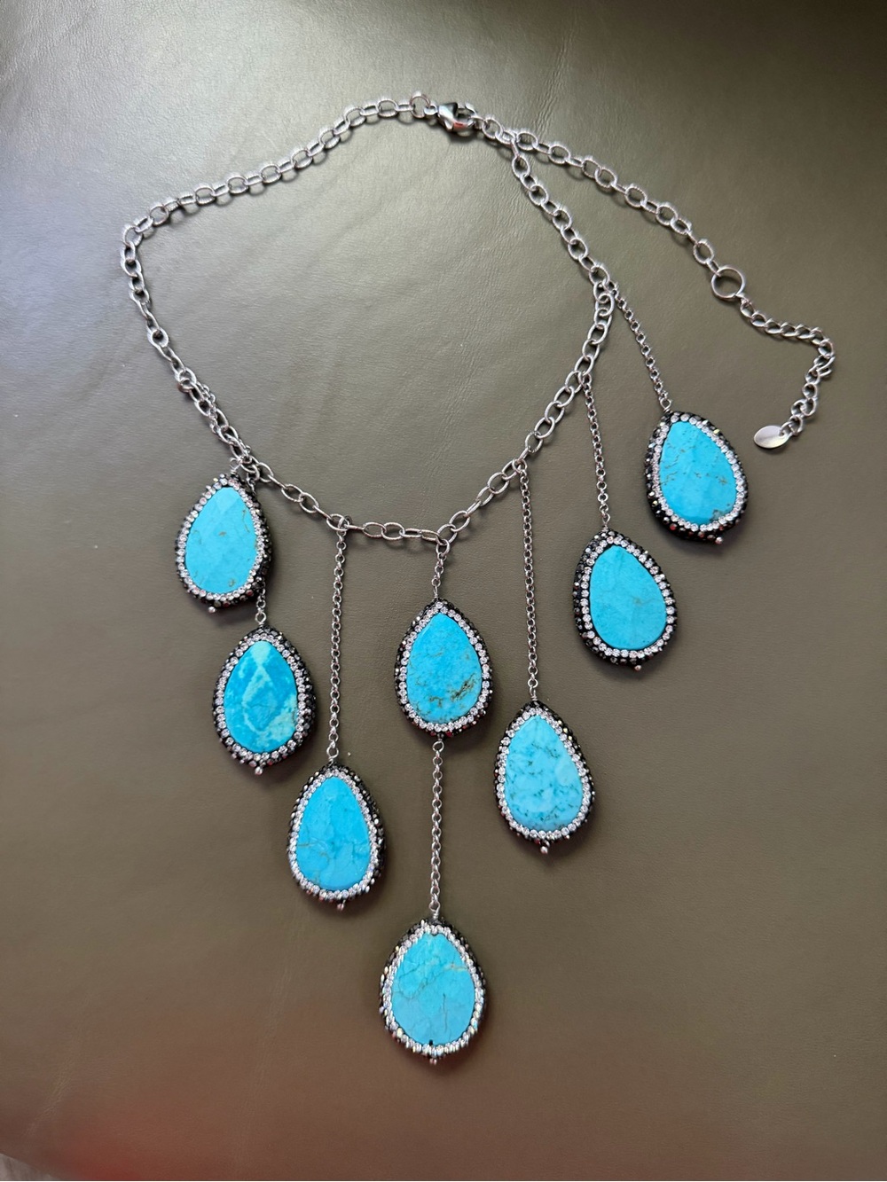 Turquoise Teardrop Fringe Necklace - Silver Chain